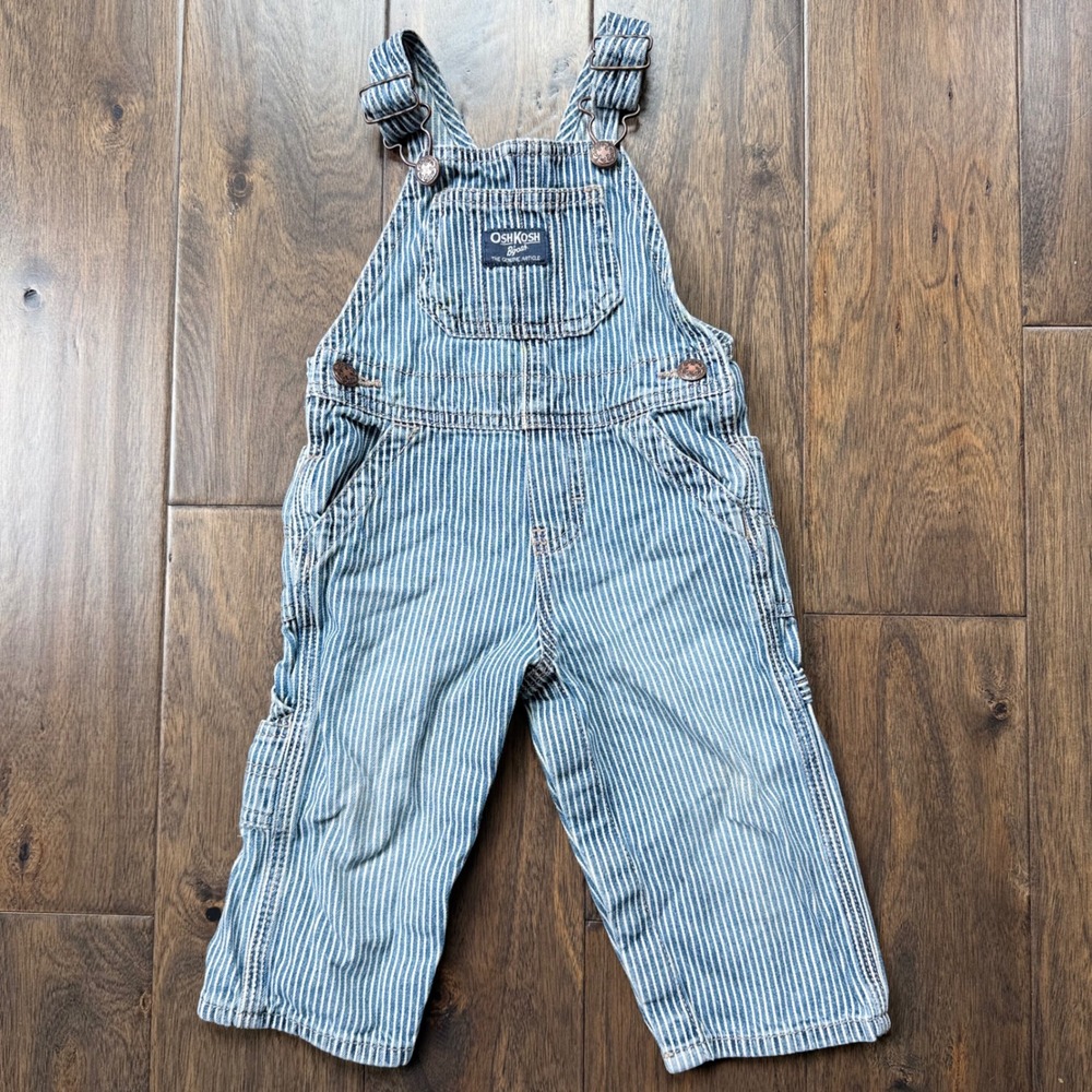 OshKosh B'gosh Hickory Stripe Overalls Kids 12M Blue White Excellent Carpenter
